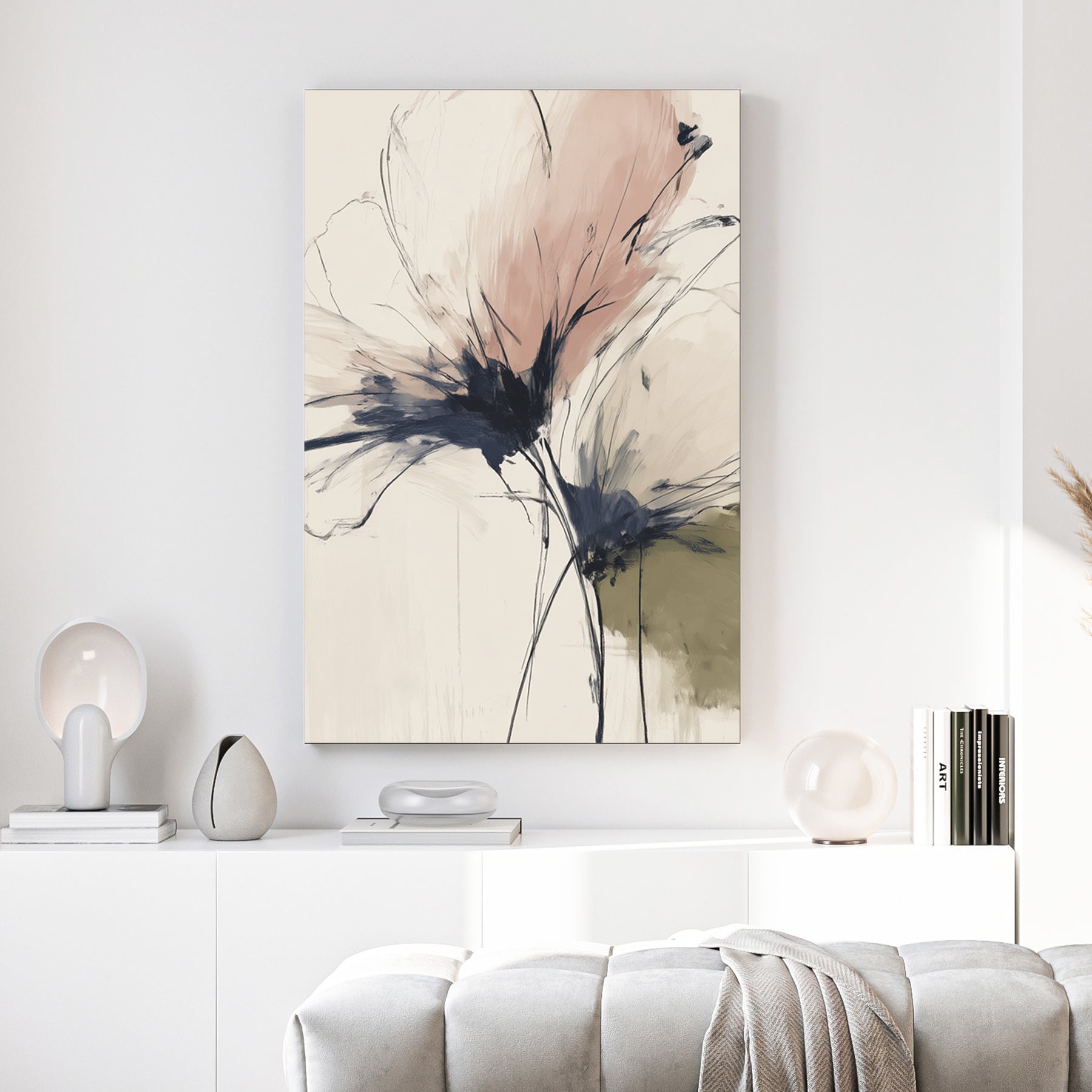 Abstract Flowers in soft pink and charcoal sketches on a cream background wall art.