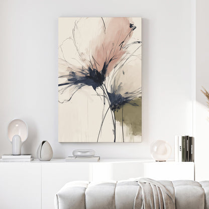 Abstract Flowers in soft pink and charcoal sketches on a cream background wall art.