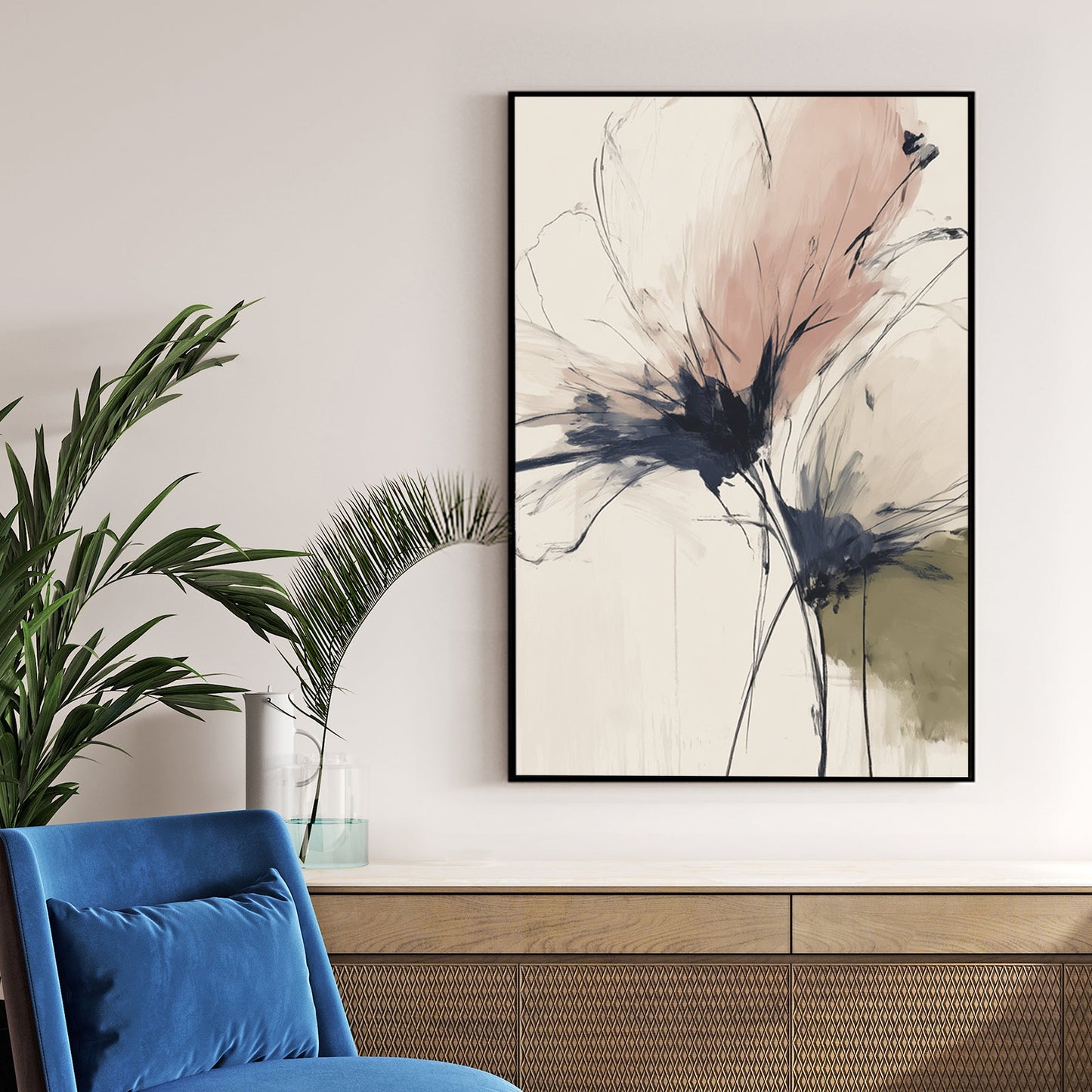 Abstract Flowers in soft pink and charcoal sketches on a cream background wall art.