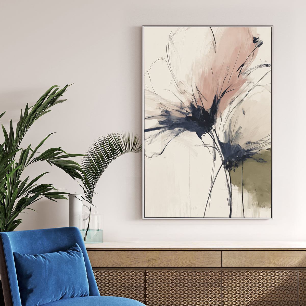 Abstract Flowers in soft pink and charcoal sketches on a cream background wall art.