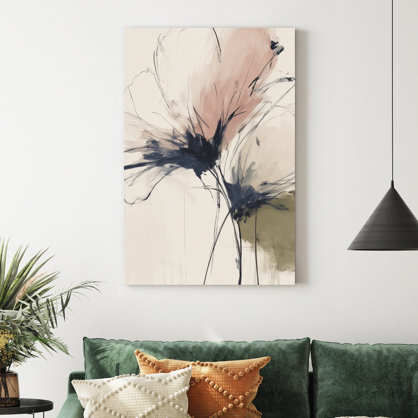 Abstract Flowers in soft pink and charcoal sketches on a cream background wall art.