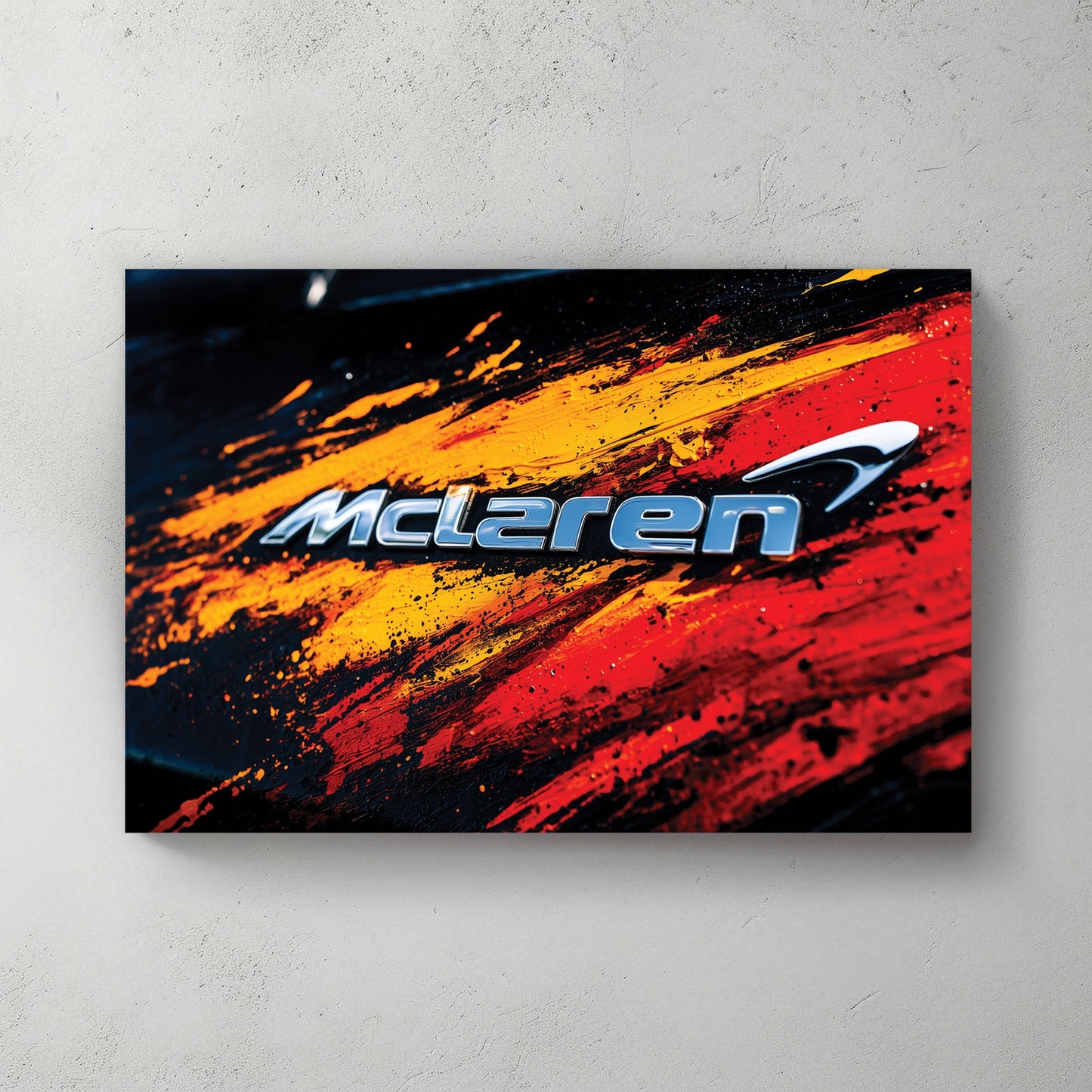 McLaren logo with orange and red abstract paint effects automotive wall art