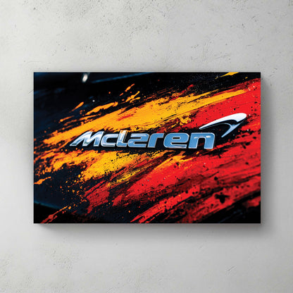 McLaren logo with orange and red abstract paint effects automotive wall art