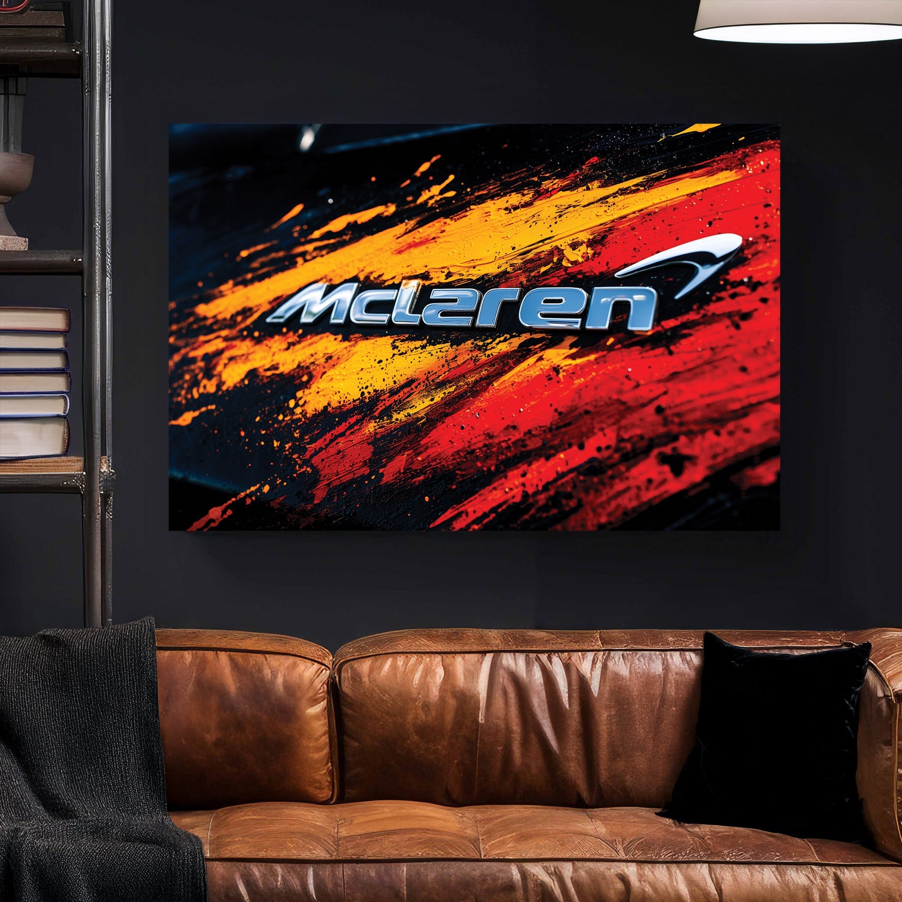 McLaren logo with orange and red abstract paint effects automotive wall art