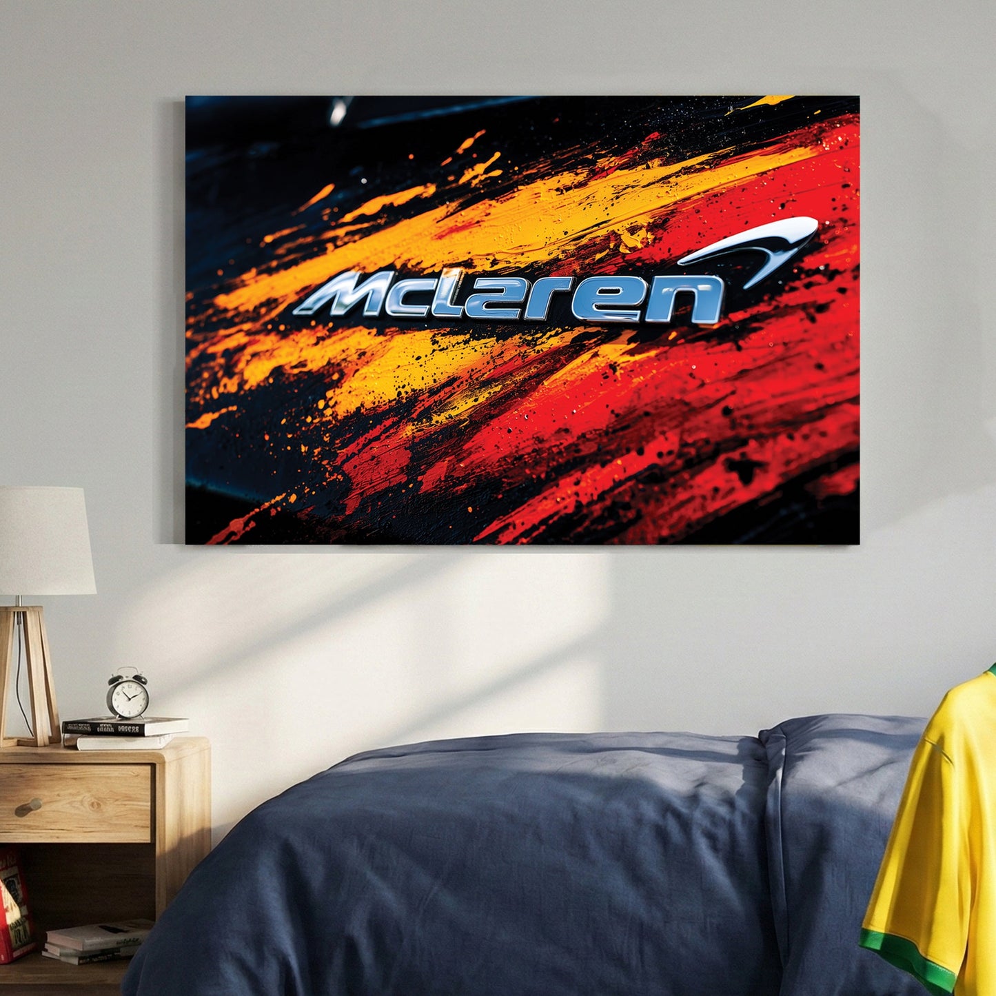 McLaren logo with orange and red abstract paint effects automotive wall art