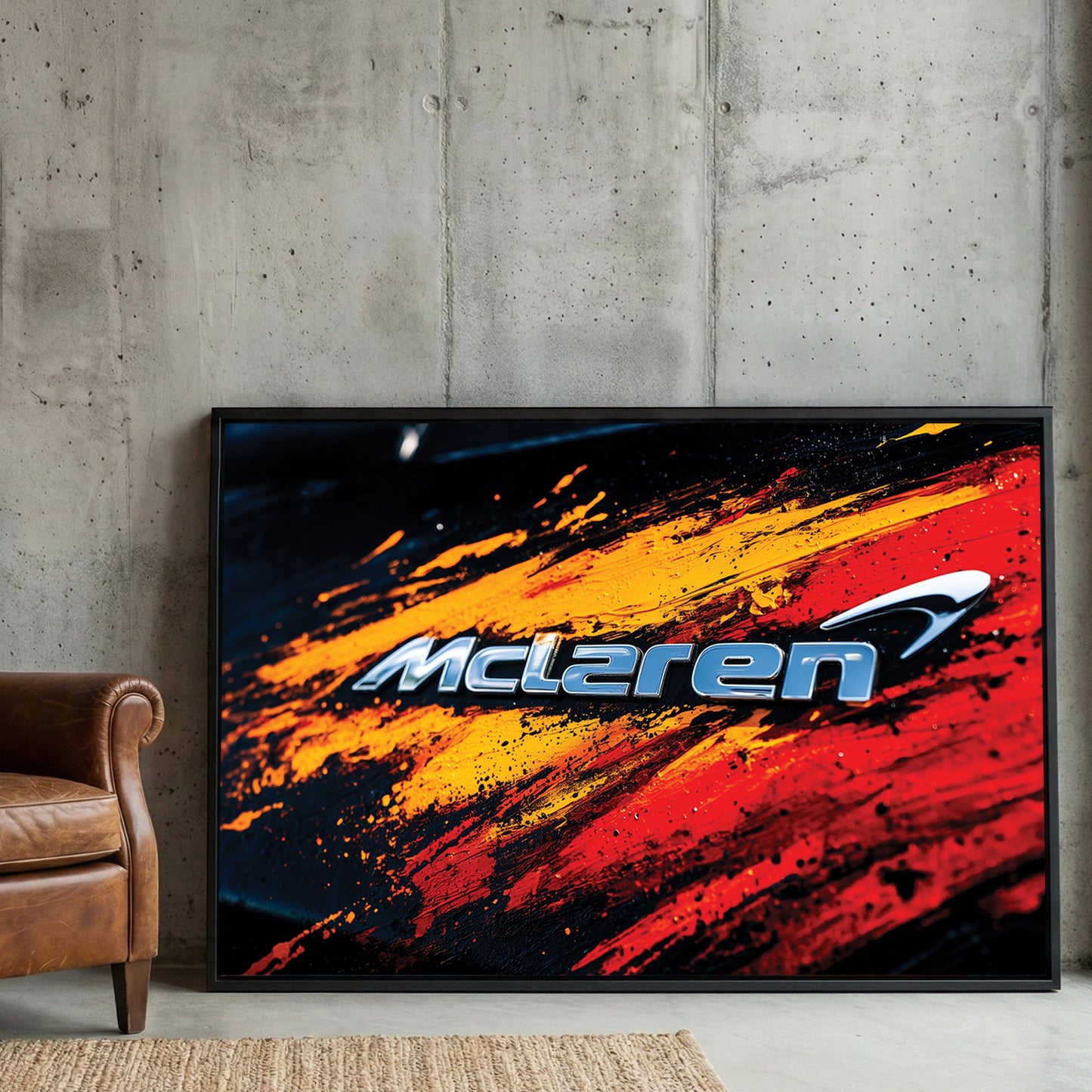 McLaren logo with orange and red abstract paint effects automotive wall art