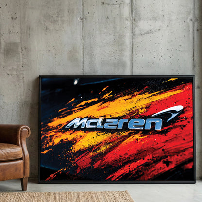 McLaren logo with orange and red abstract paint effects automotive wall art
