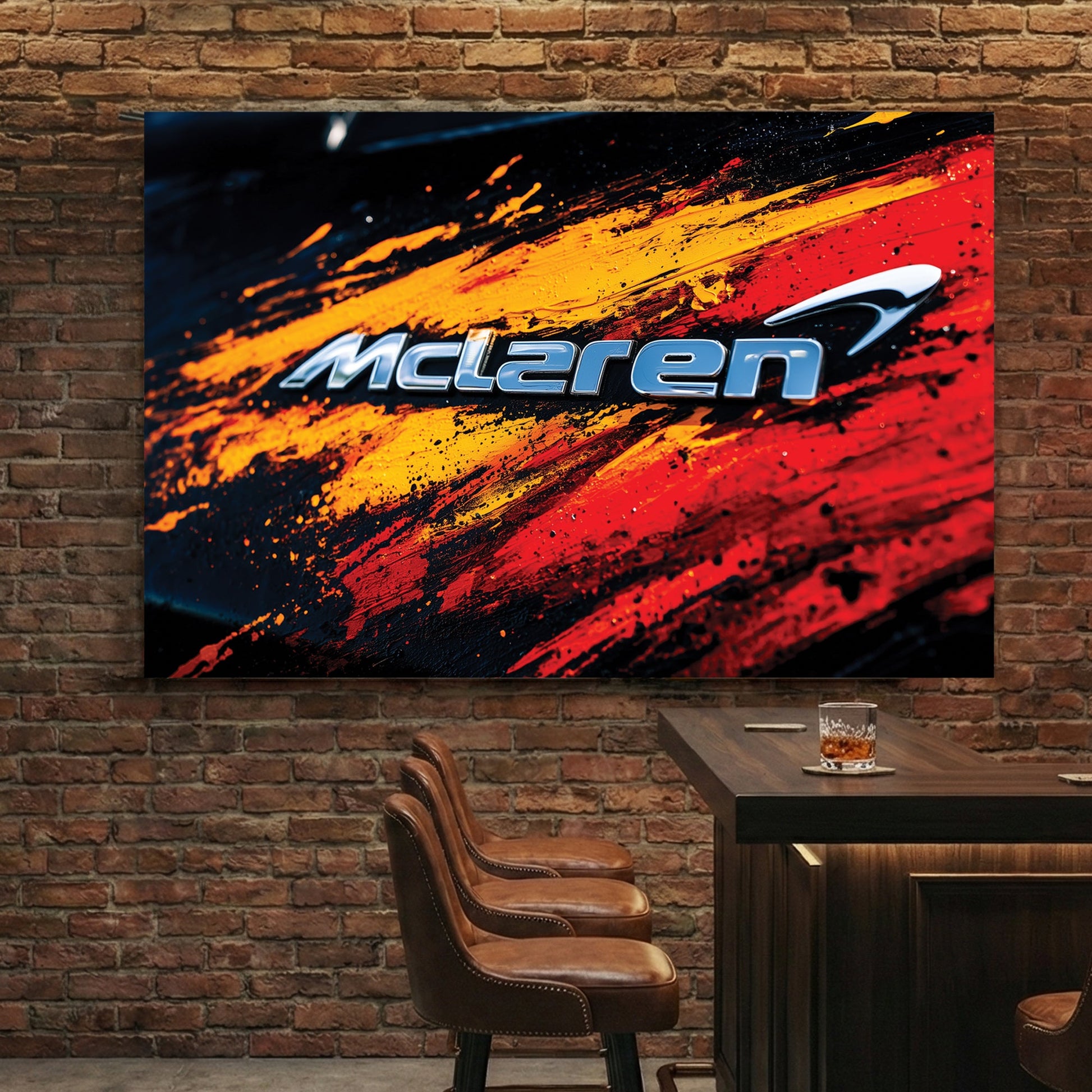 McLaren logo with orange and red abstract paint effects automotive wall art