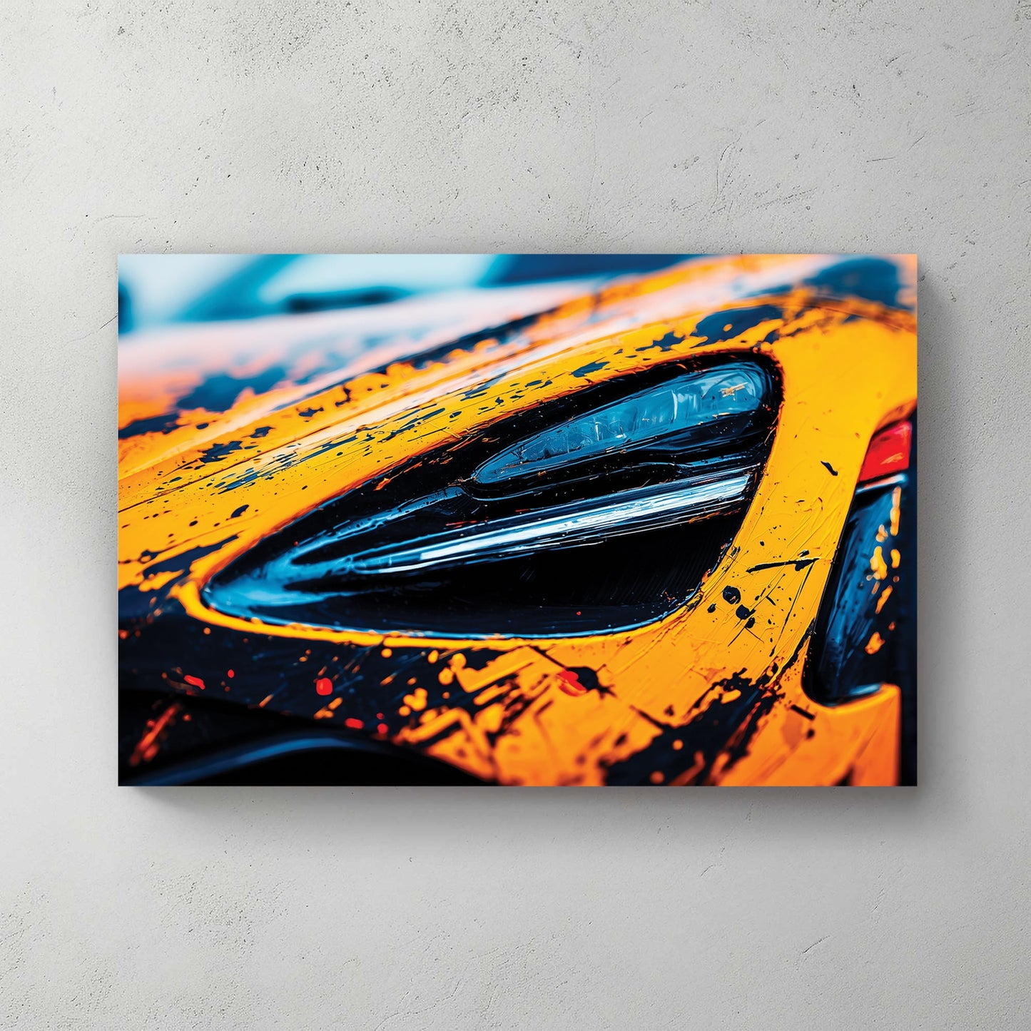 McLaren 720S headlight with orange and black street art style graphics wall art