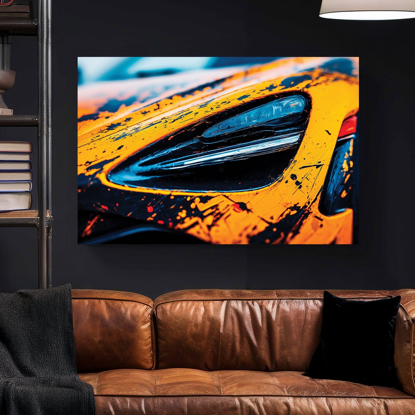 McLaren 720S headlight with orange and black street art style graphics wall art