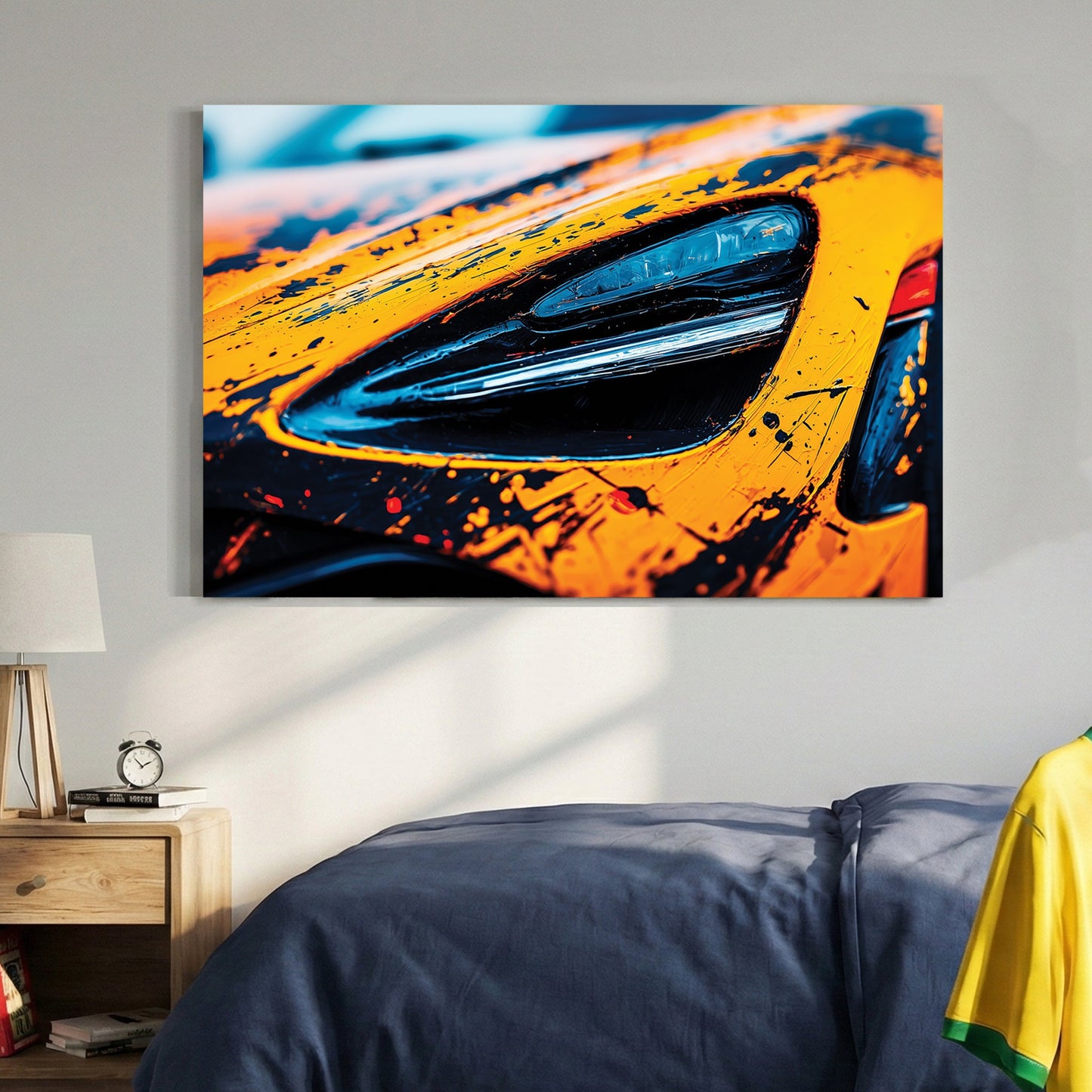 McLaren 720S headlight with orange and black street art style graphics wall art