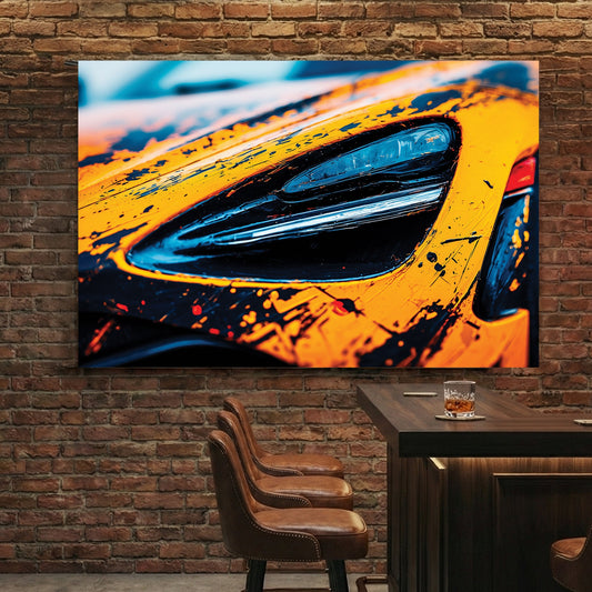 McLaren 720S headlight with orange and black street art style graphics wall art