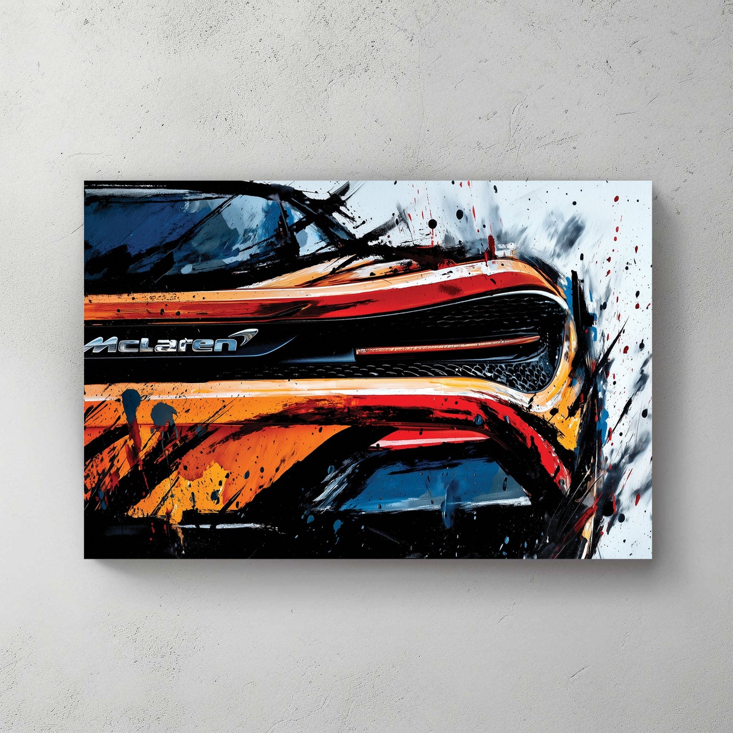 McLaren 720S supercar rear view street art wall art with orange and black ink details.