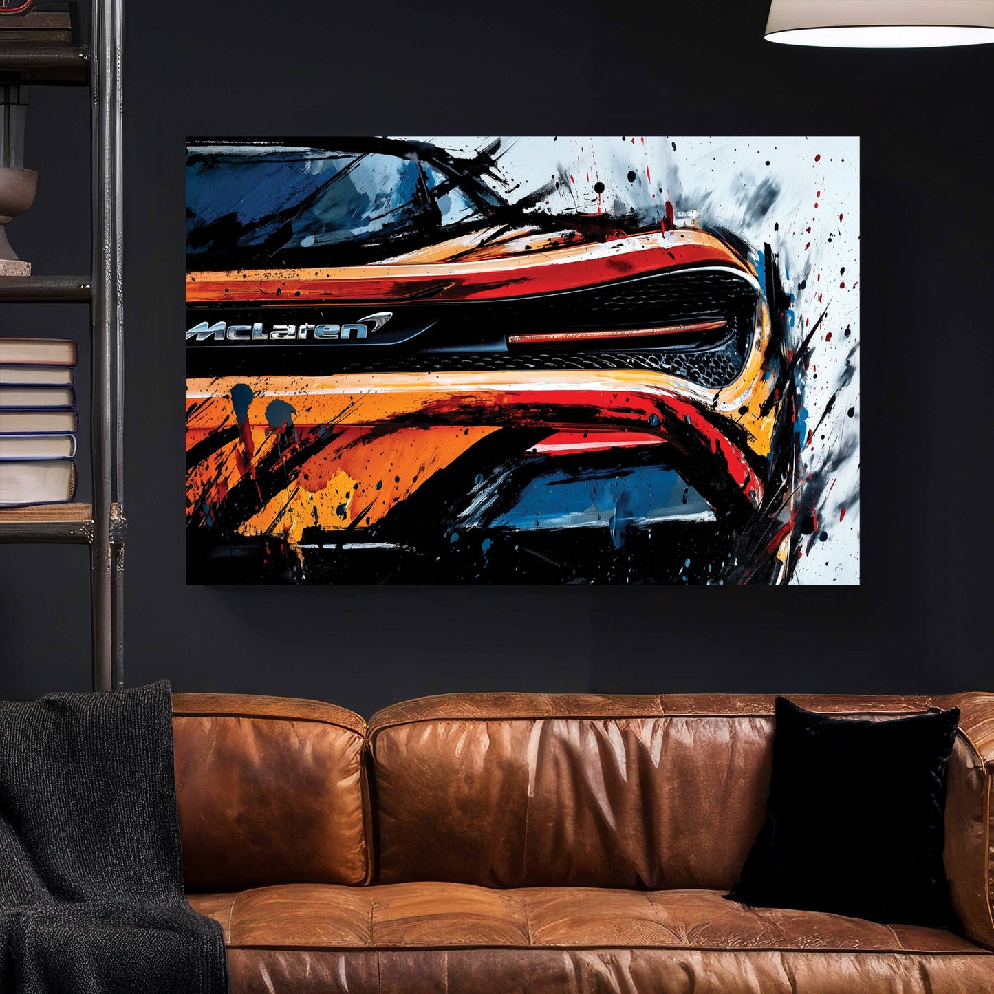 McLaren 720S supercar rear view street art wall art with orange and black ink details.
