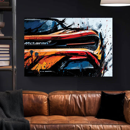 McLaren 720S supercar rear view street art wall art with orange and black ink details.