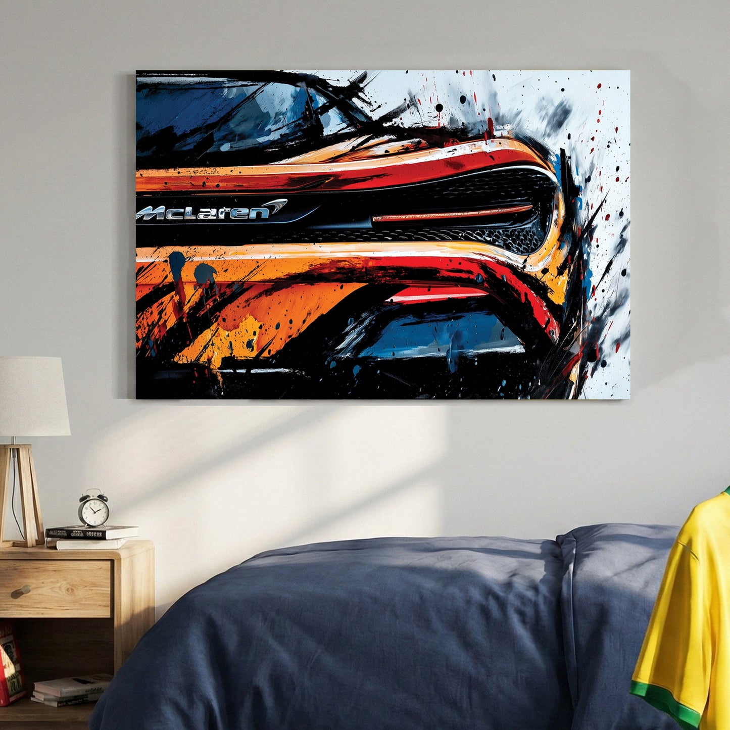 McLaren 720S supercar rear view street art wall art with orange and black ink details.
