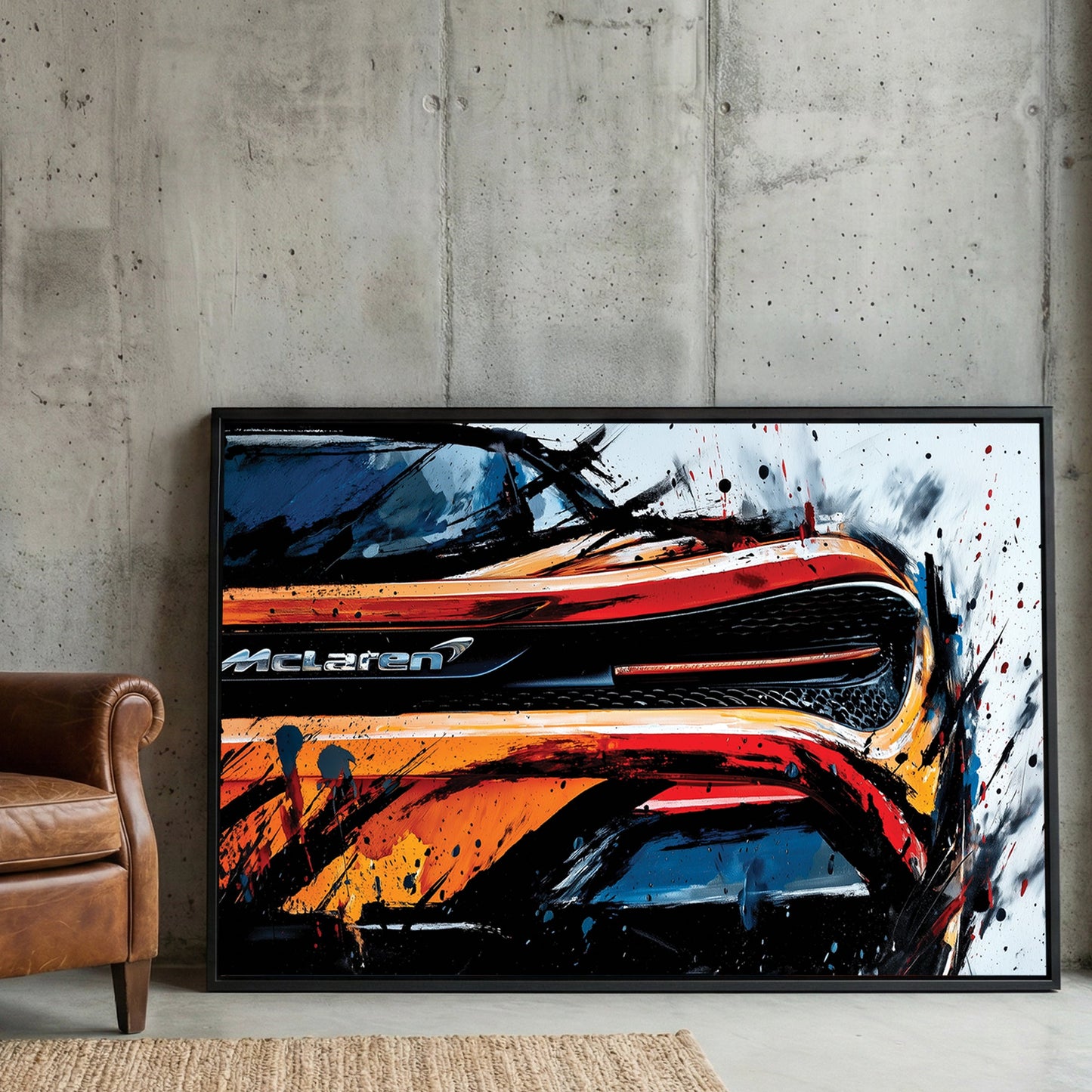 McLaren 720S supercar rear view street art wall art with orange and black ink details.