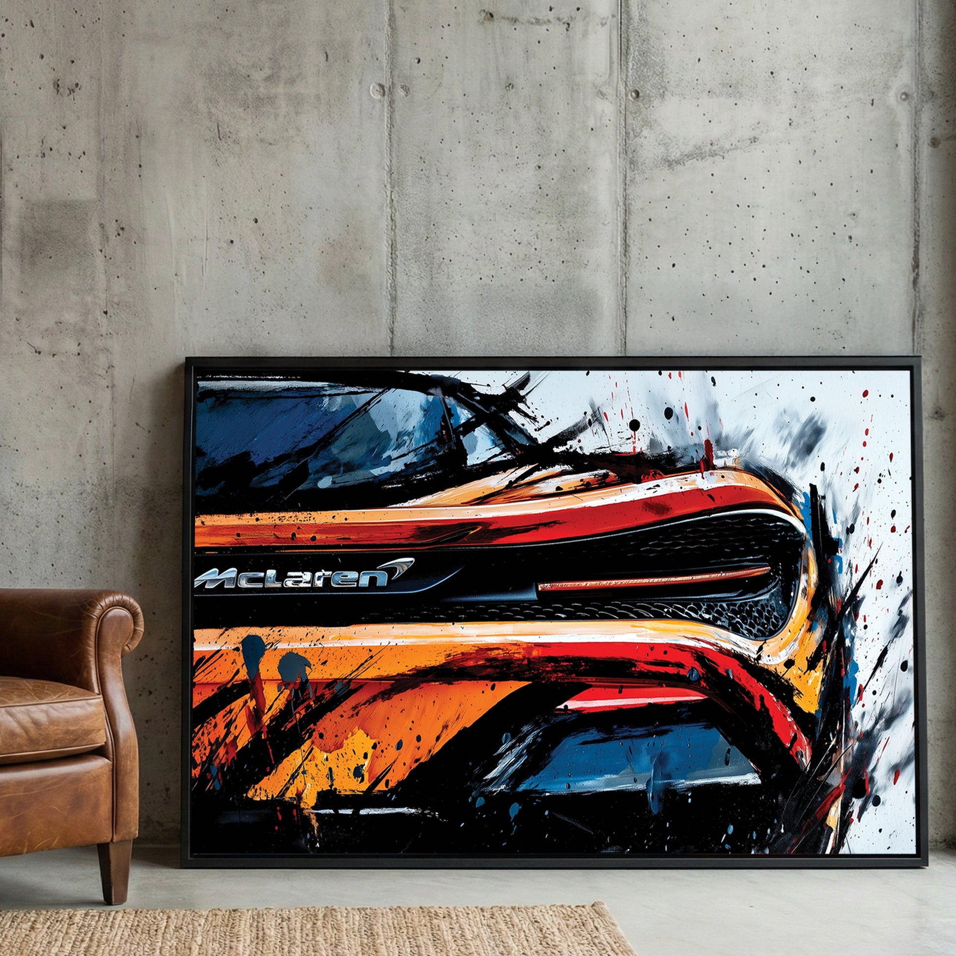 McLaren 720S supercar rear view street art wall art with orange and black ink details.