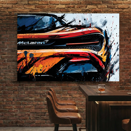 McLaren 720S supercar rear view street art wall art with orange and black ink details.