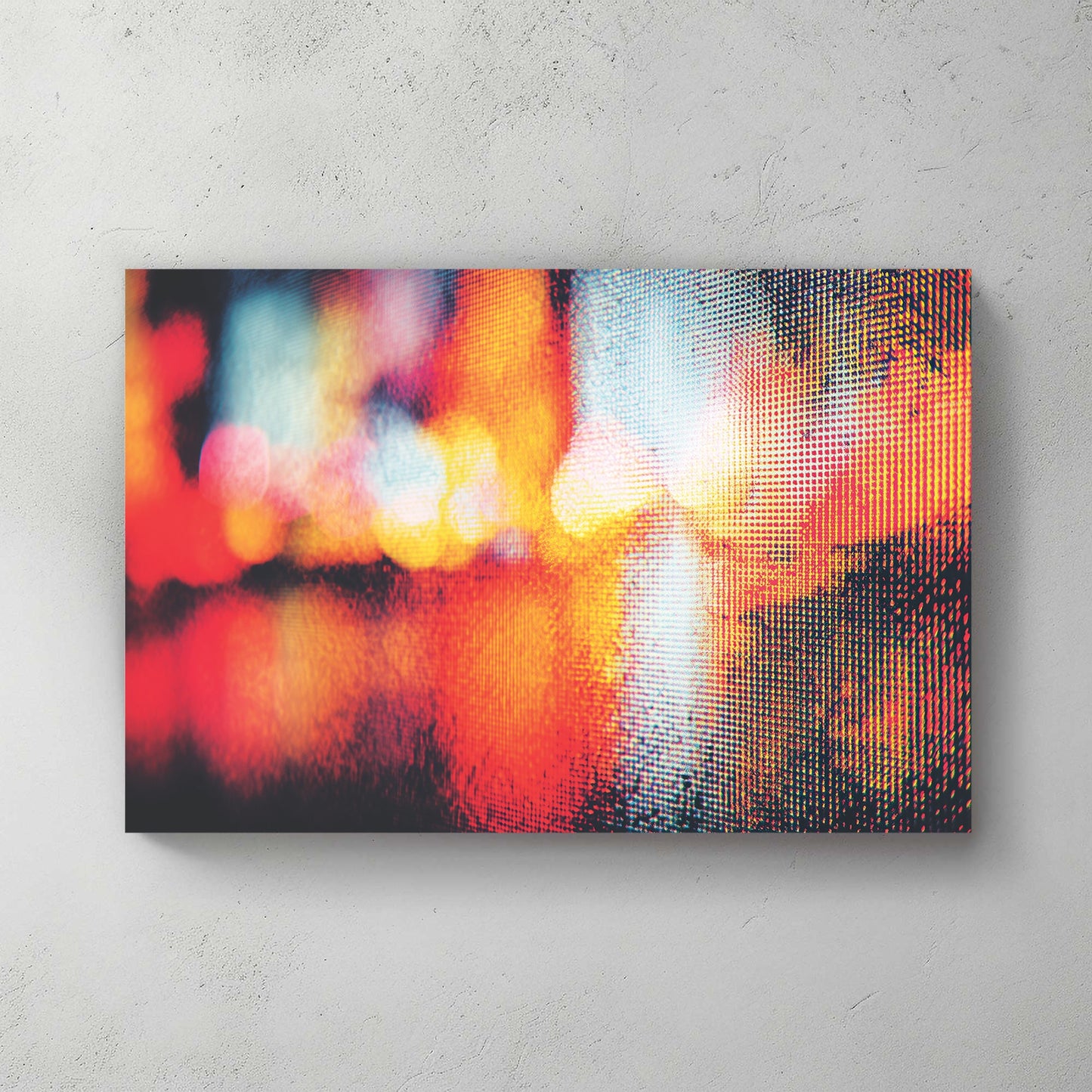 Abstract city lights photography wall art with red and yellow bokeh and digital pixel texture.
