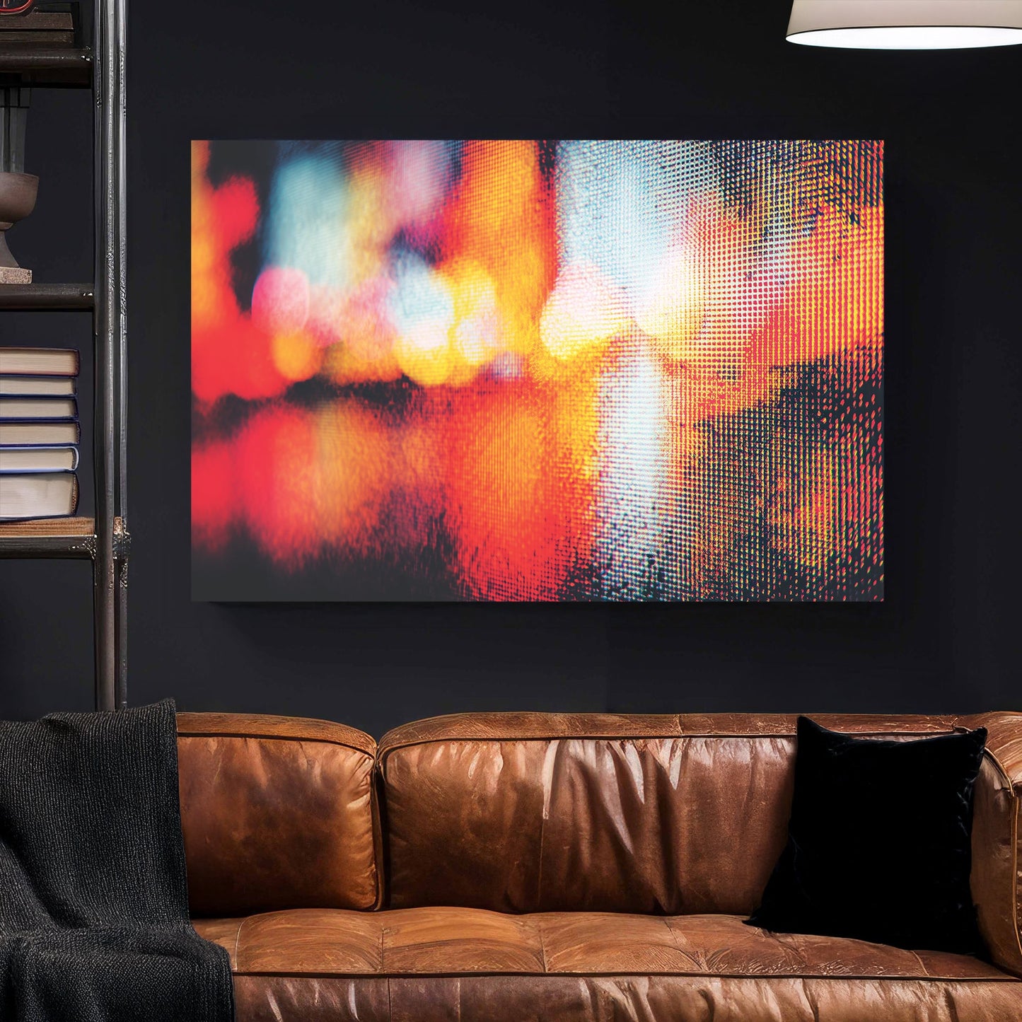 Abstract city lights photography wall art with red and yellow bokeh and digital pixel texture.