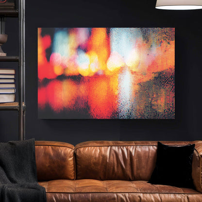 Abstract city lights photography wall art with red and yellow bokeh and digital pixel texture.