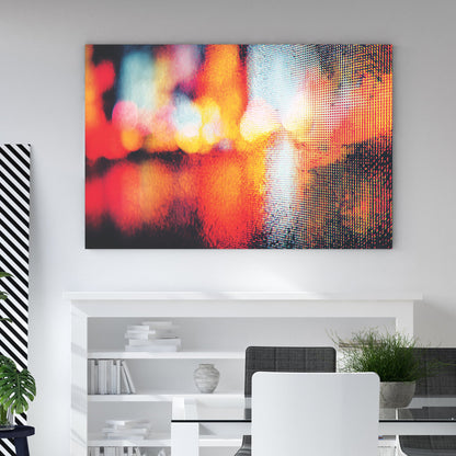 Abstract city lights photography wall art with red and yellow bokeh and digital pixel texture.