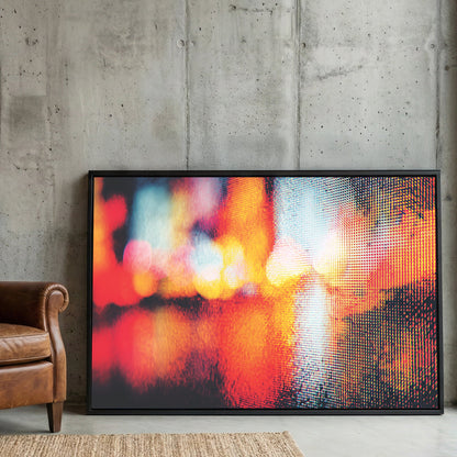 Abstract city lights photography wall art with red and yellow bokeh and digital pixel texture.