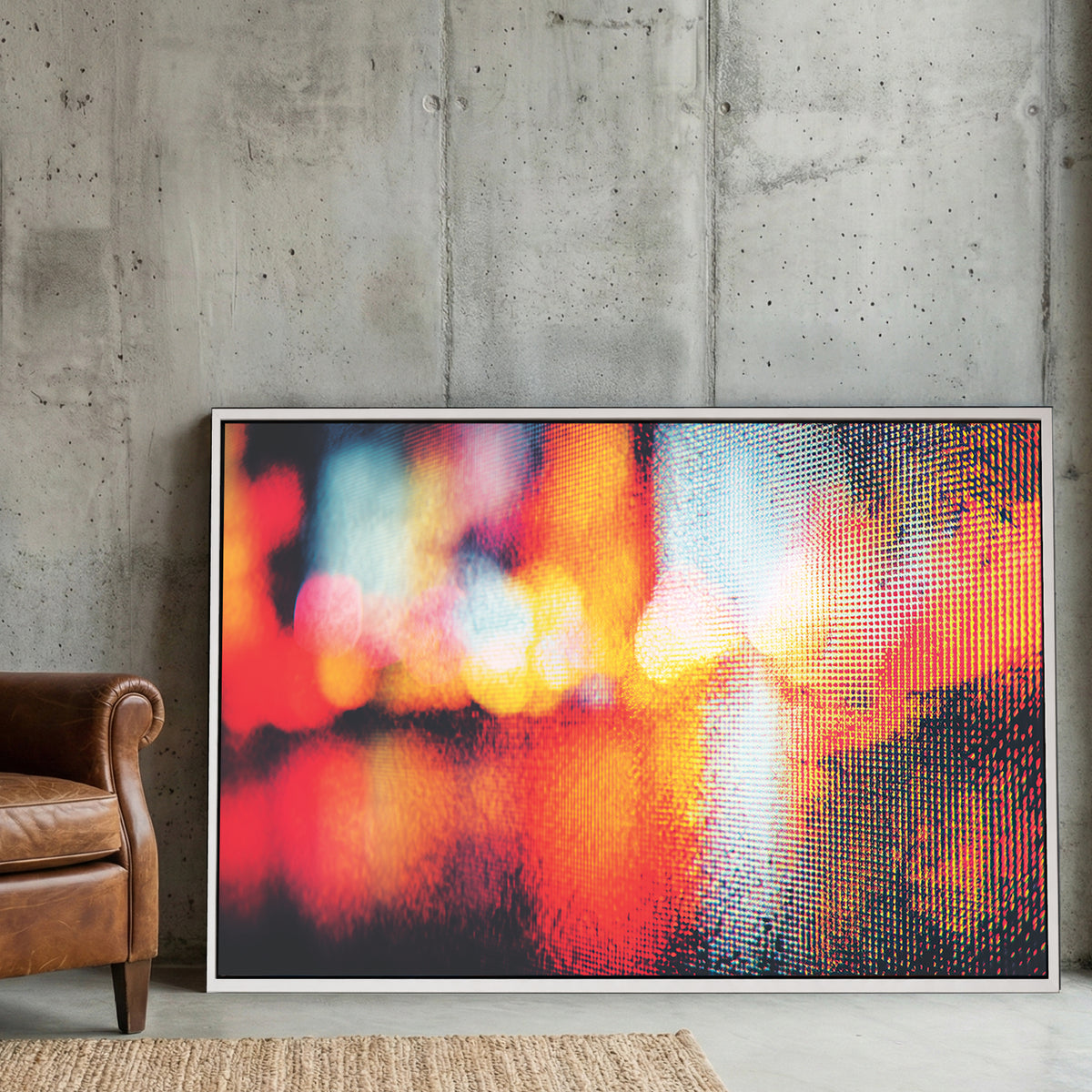 Abstract city lights photography wall art with red and yellow bokeh and digital pixel texture.