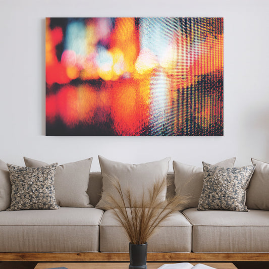 Abstract city lights photography wall art with red and yellow bokeh and digital pixel texture.