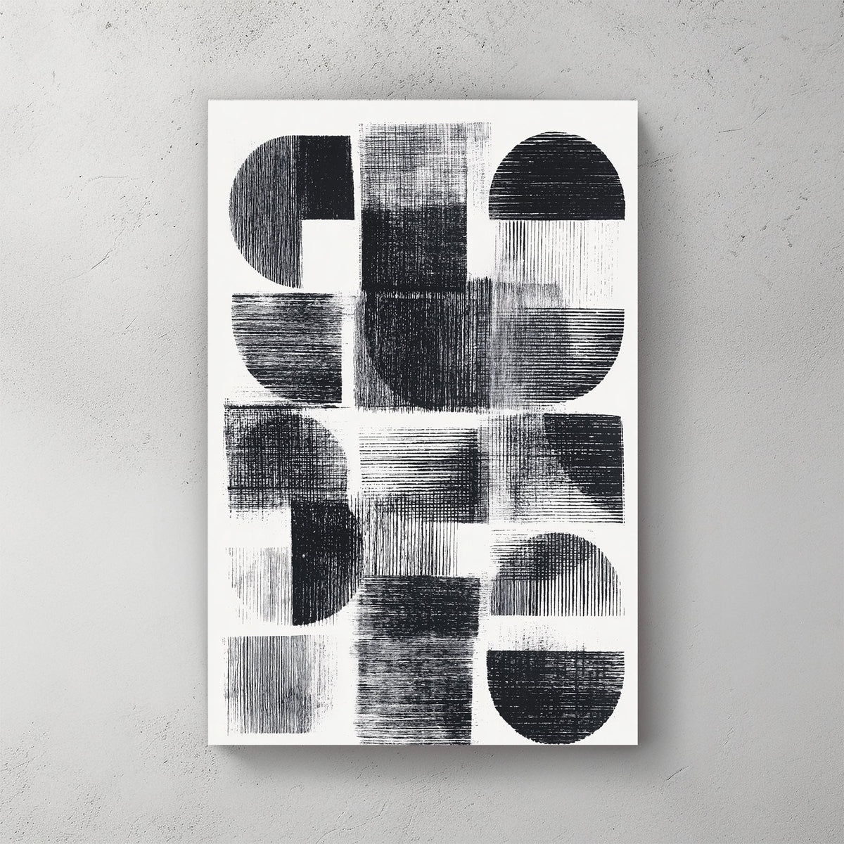 Monochrome geometric abstract wall art with cross-hatched shapes.