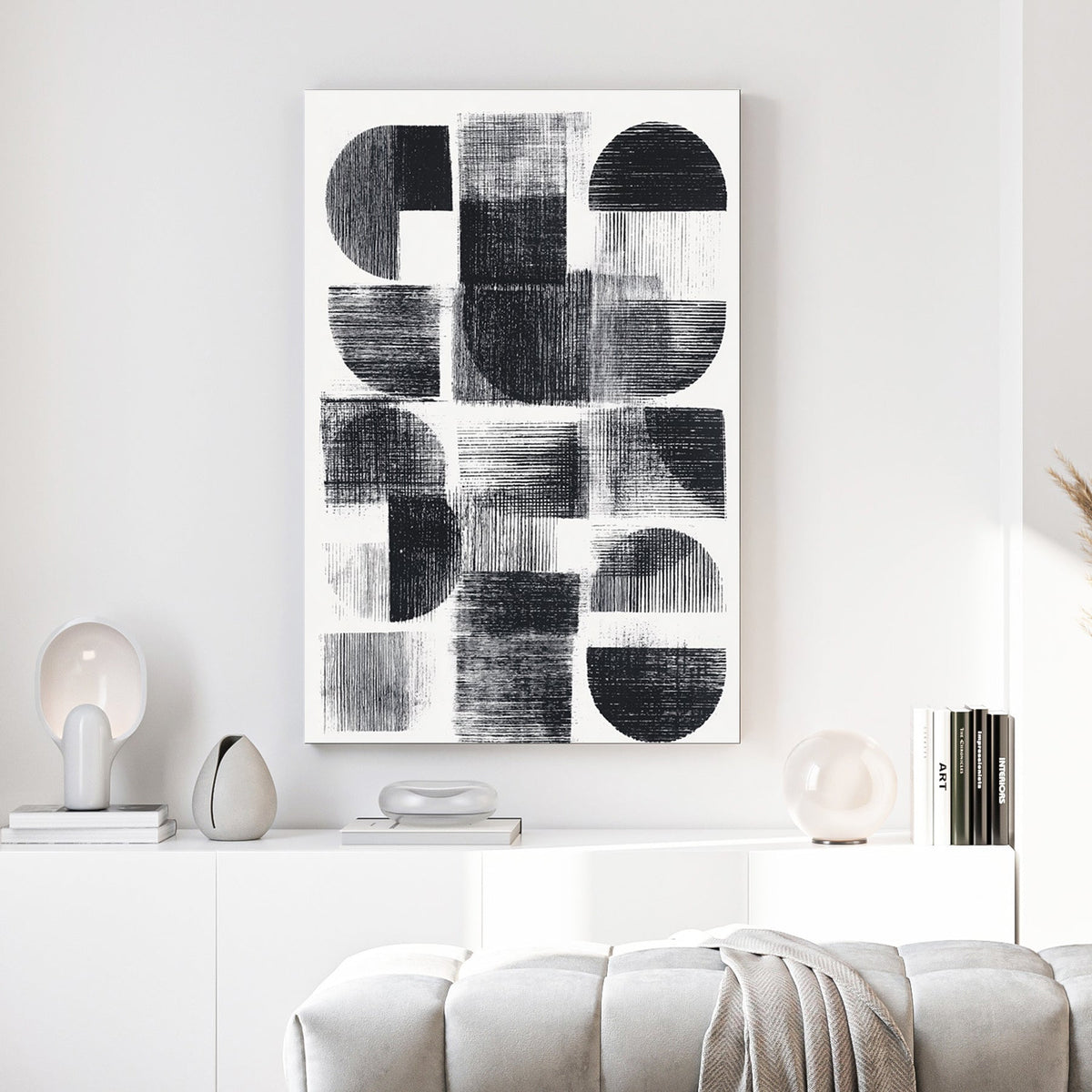 Monochrome geometric abstract wall art with cross-hatched shapes.