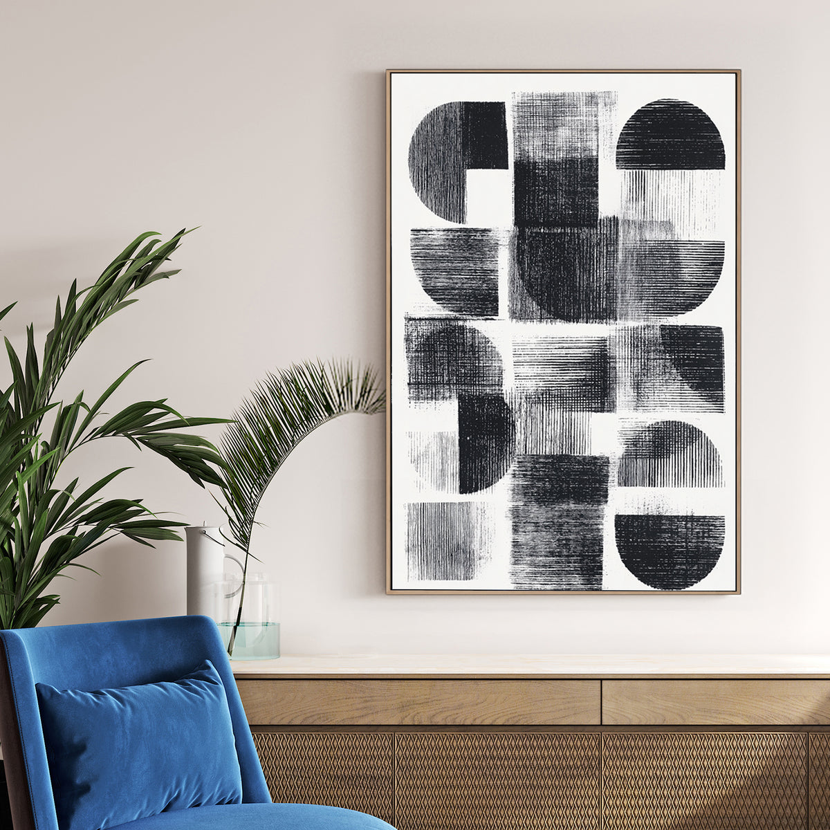 Monochrome geometric abstract wall art with cross-hatched shapes.