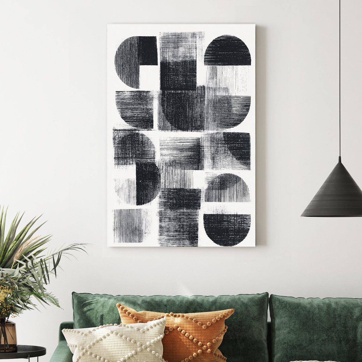 Monochrome geometric abstract wall art with cross-hatched shapes.