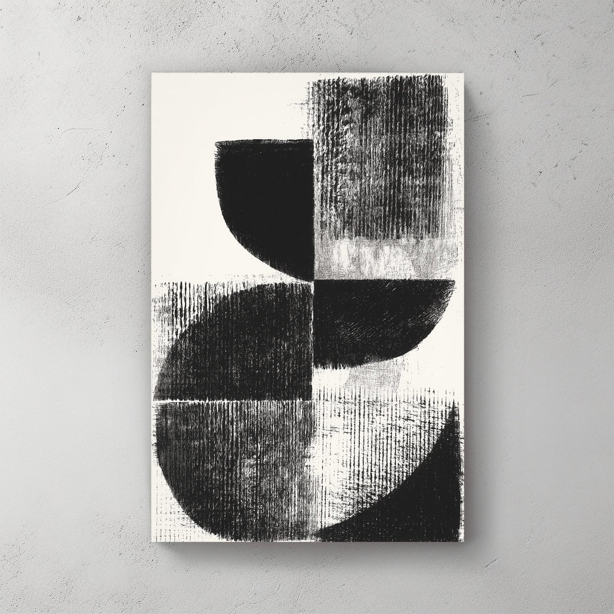 Black and cream minimalist geometric abstract wall art with textured circular shapes.