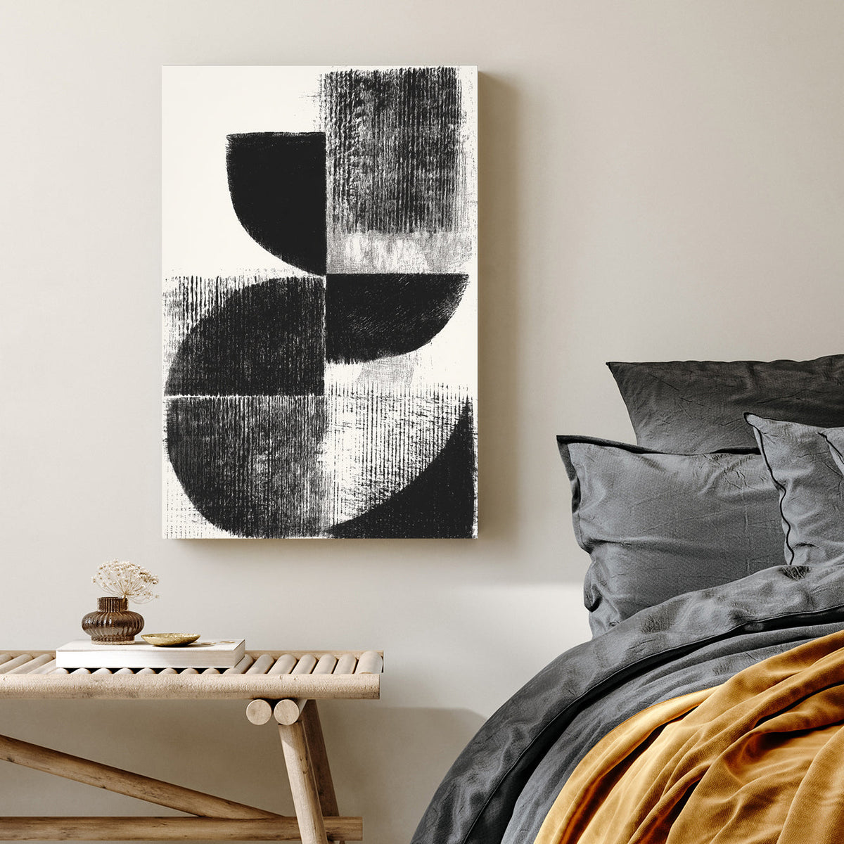 Black and cream minimalist geometric abstract wall art with textured circular shapes.