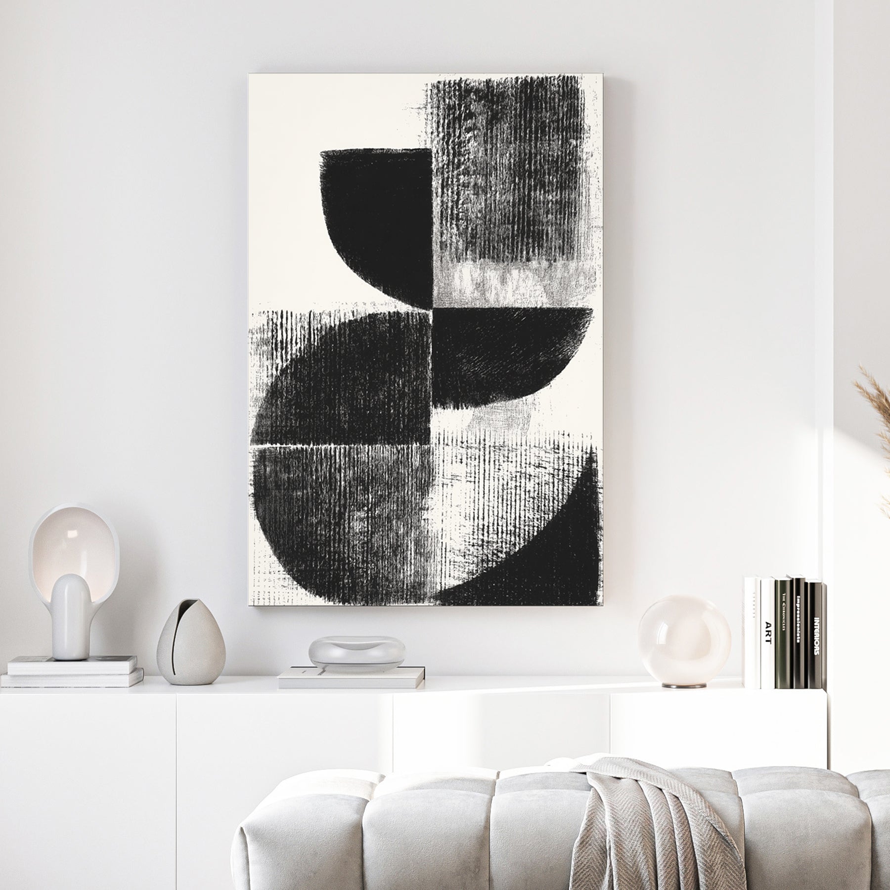 Black and cream minimalist geometric abstract wall art with textured circular shapes.