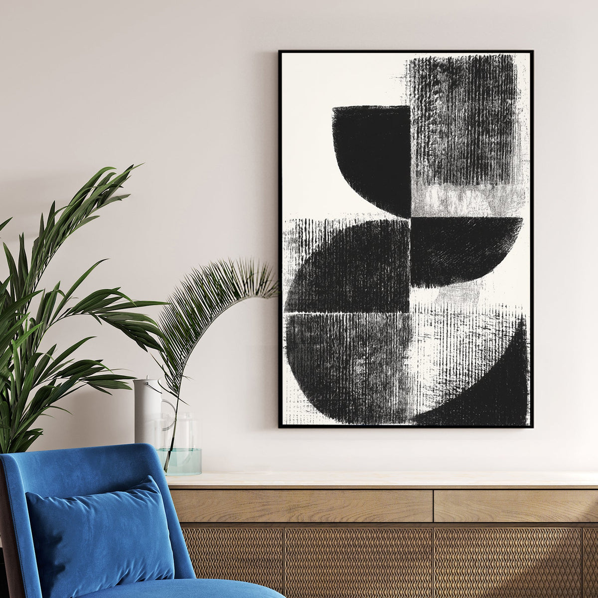 Black and cream minimalist geometric abstract wall art with textured circular shapes.