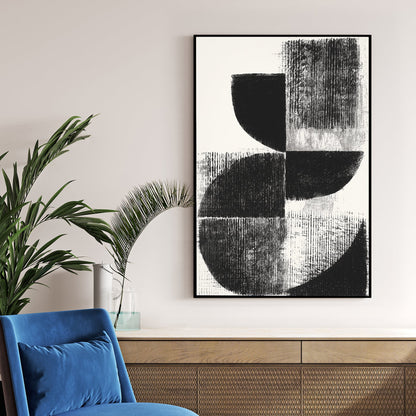 Black and cream minimalist geometric abstract wall art with textured circular shapes.