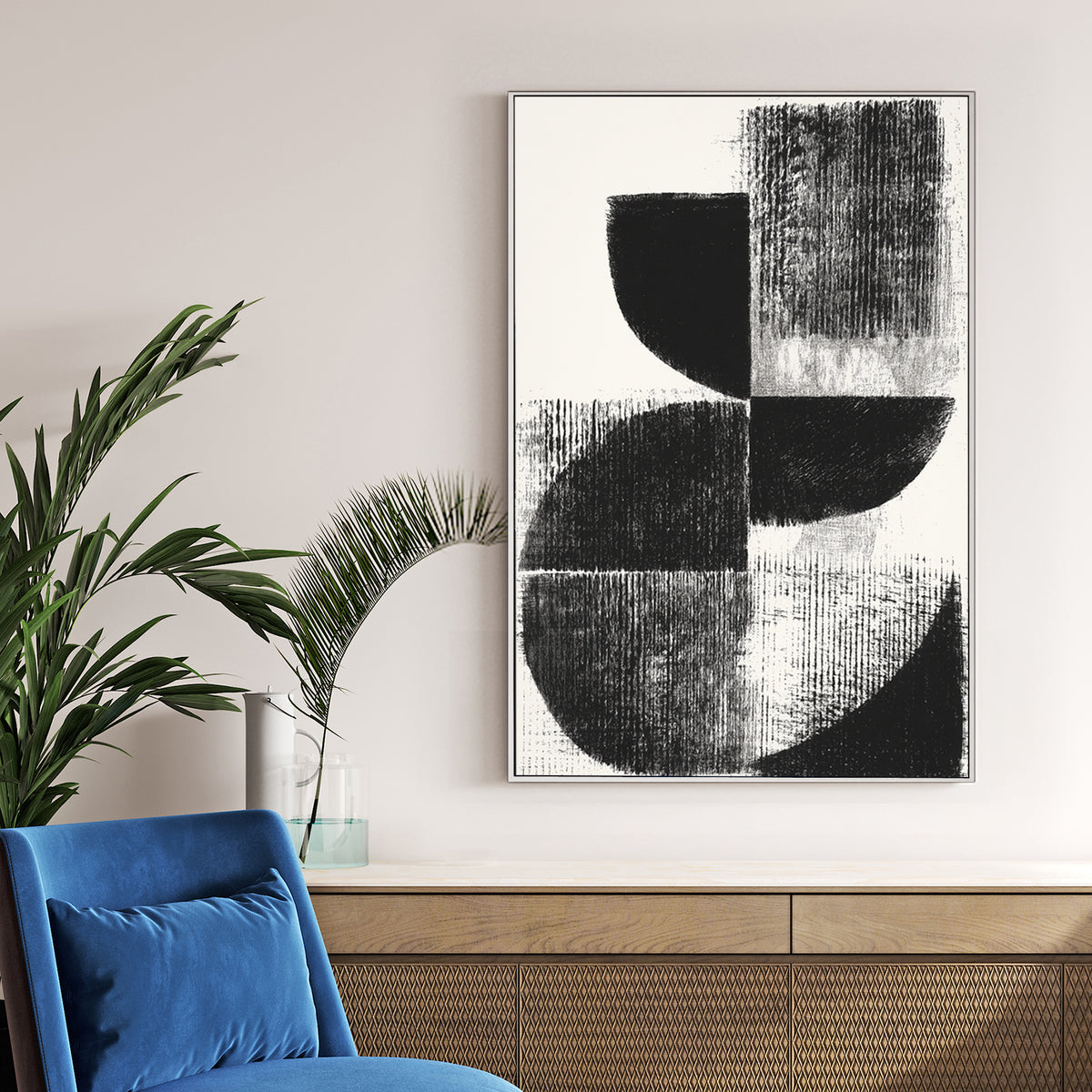 Black and cream minimalist geometric abstract wall art with textured circular shapes.