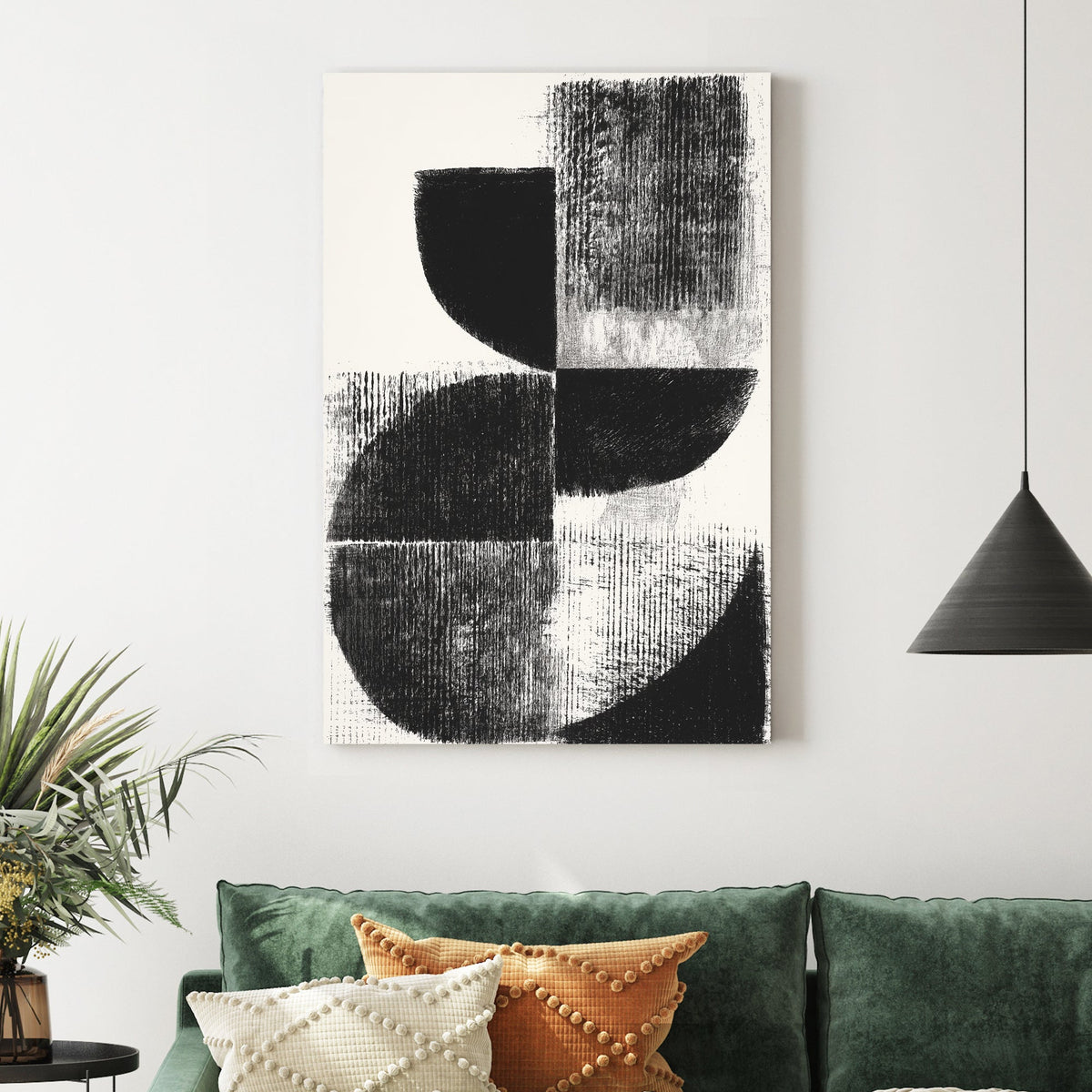 Black and cream minimalist geometric abstract wall art with textured circular shapes.