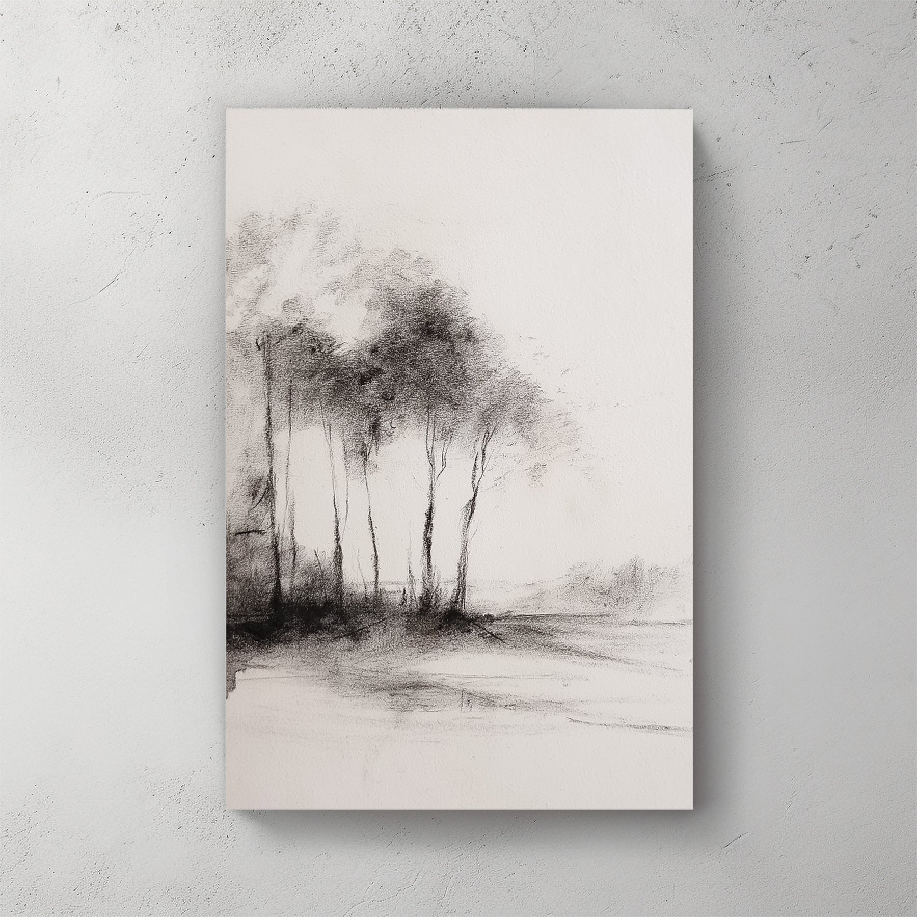 Monochrome charcoal sketch of woodland trees by water wall art.