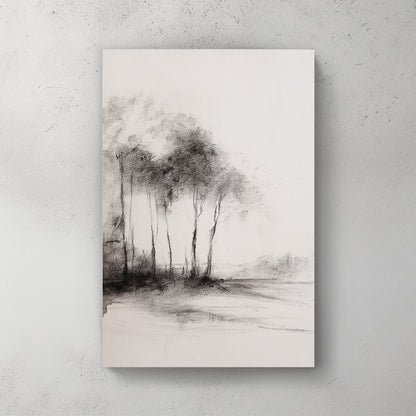 Monochrome charcoal sketch of woodland trees by water wall art.