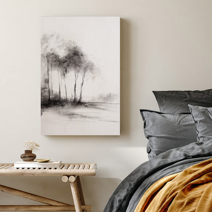 Monochrome charcoal sketch of woodland trees by water wall art.