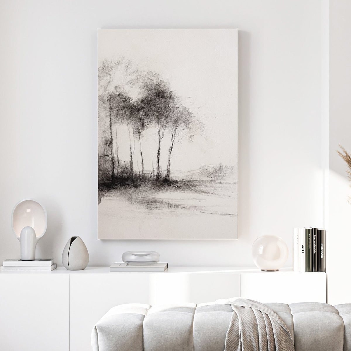 Monochrome charcoal sketch of woodland trees by water wall art.