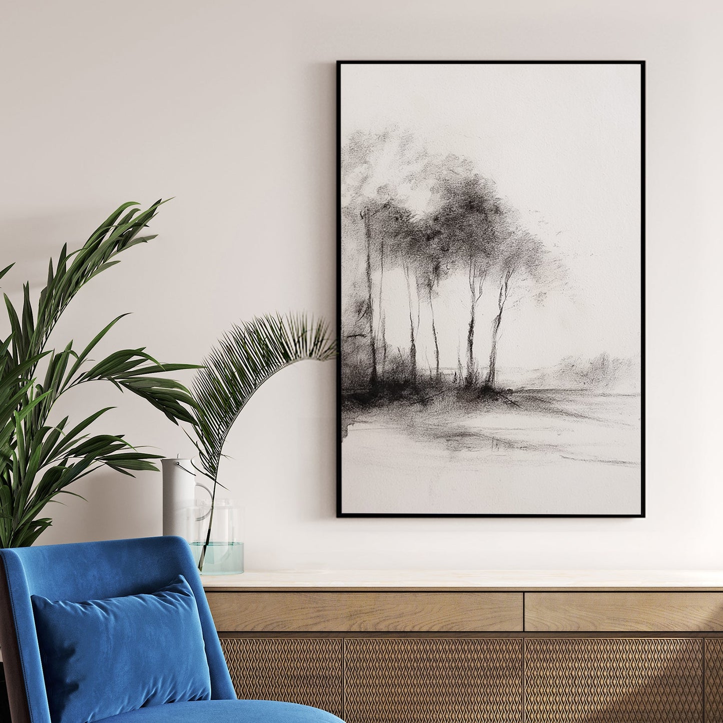 Monochrome charcoal sketch of woodland trees by water wall art.
