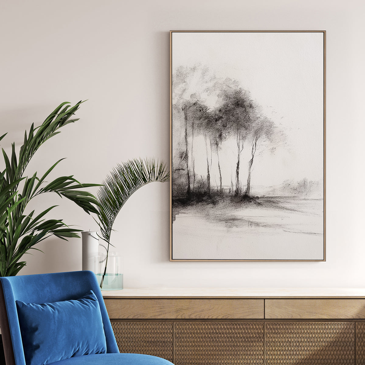 Monochrome charcoal sketch of woodland trees by water wall art.