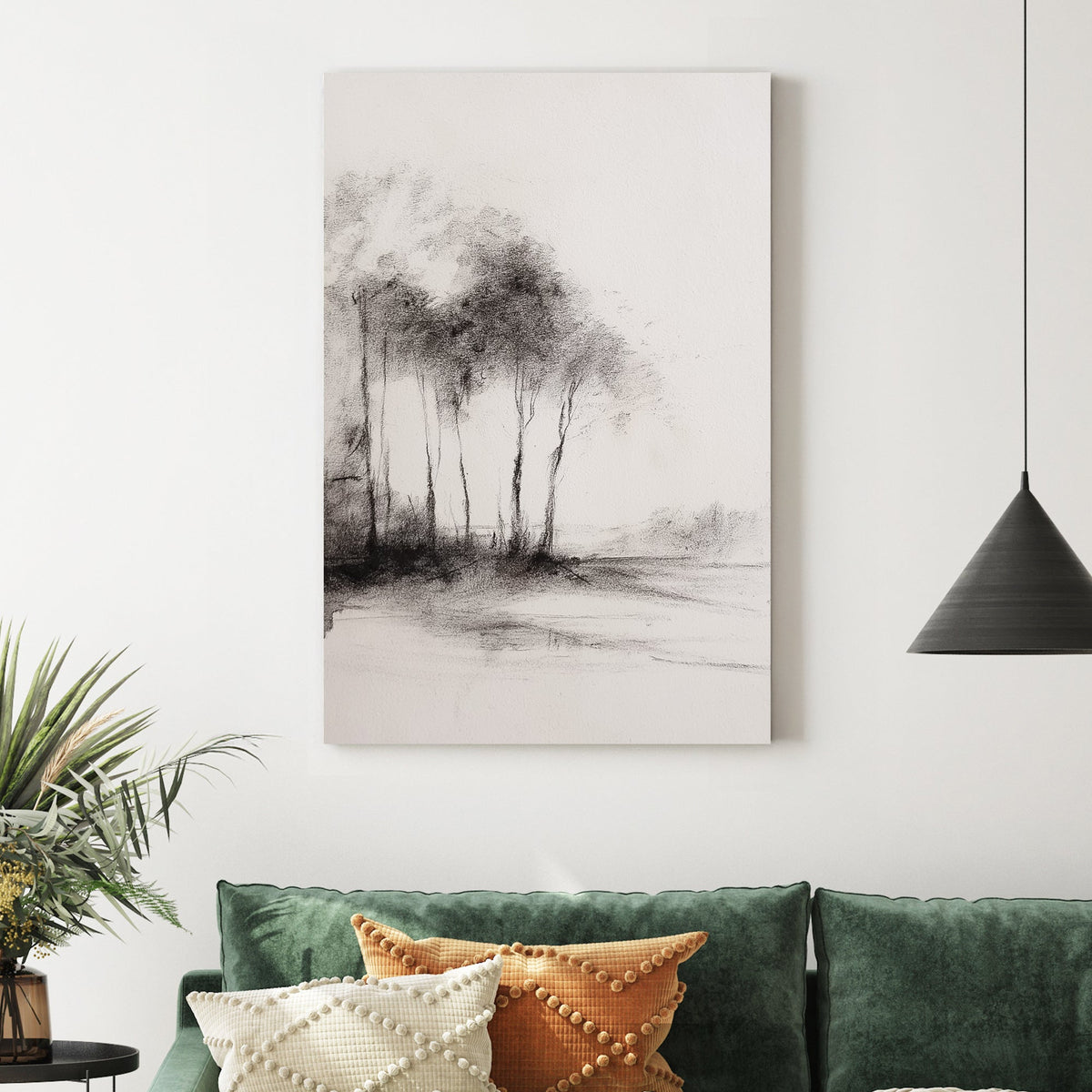 Monochrome charcoal sketch of woodland trees by water wall art.