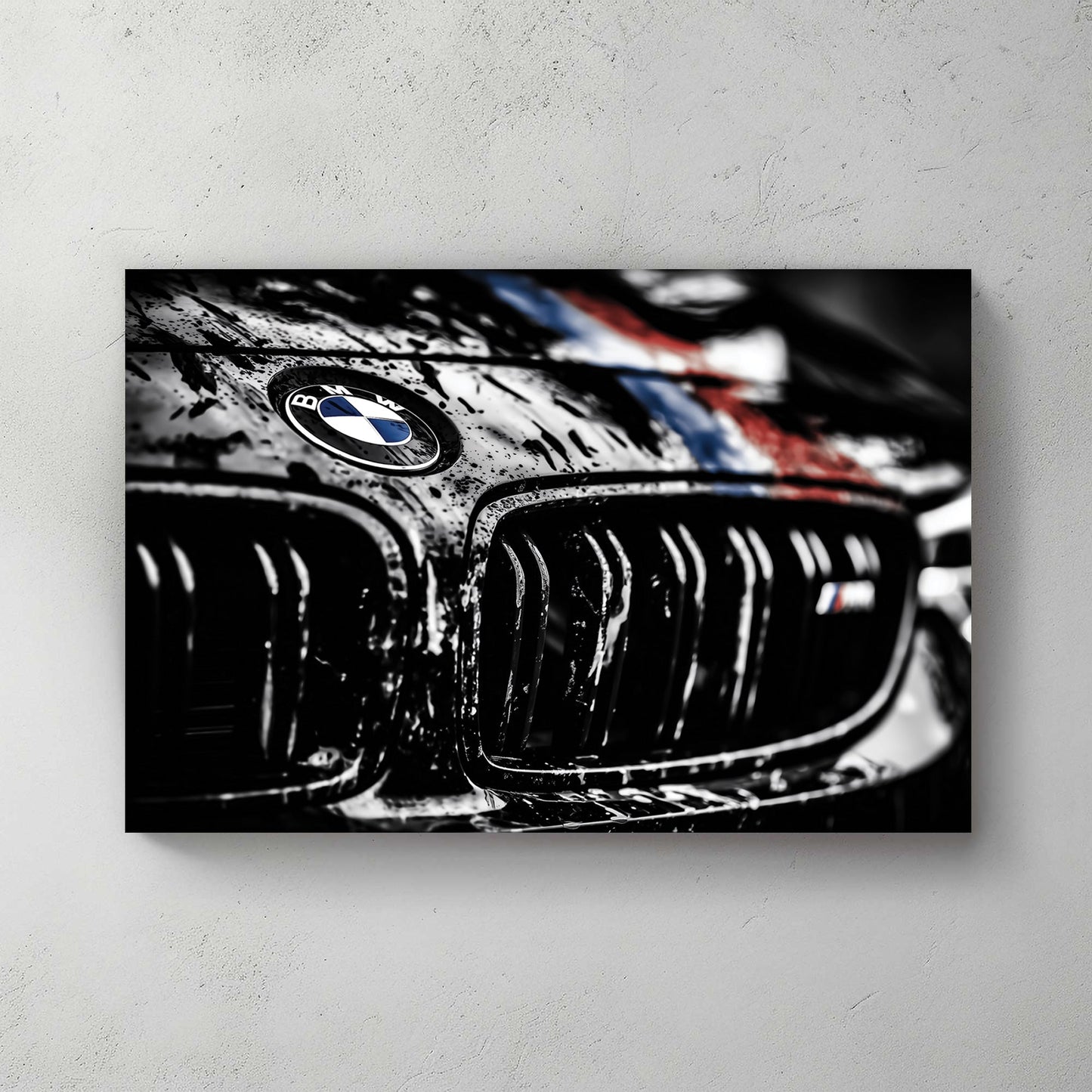 Close-up of a BMW M Series emblem and grille with water droplets wall art.