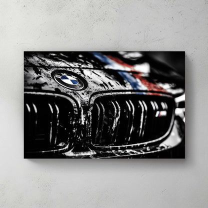 Close-up of a BMW M Series emblem and grille with water droplets wall art.